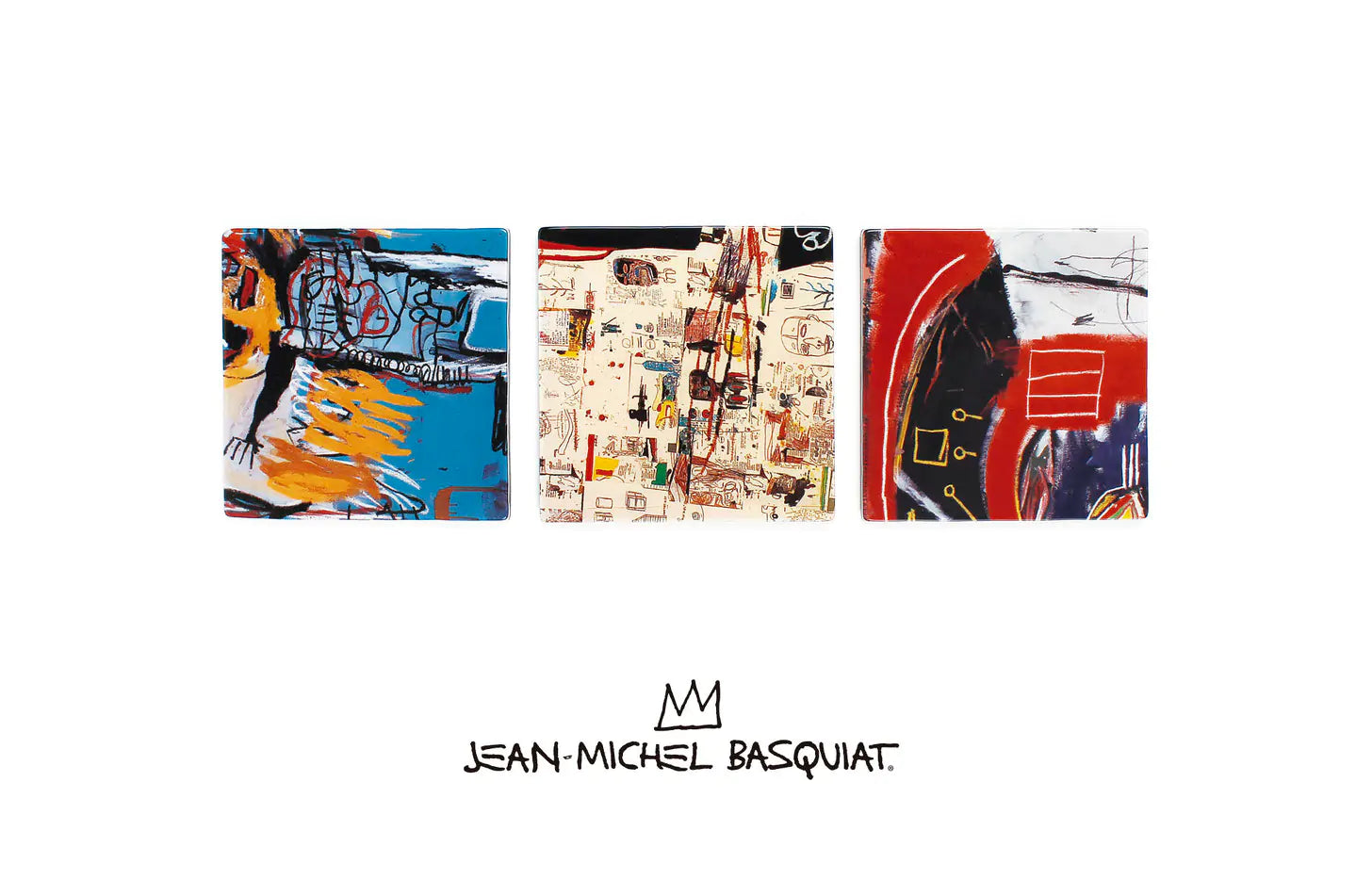 Three abstract artworks by Jean-Michel Basquiat on a white background with his name below.
